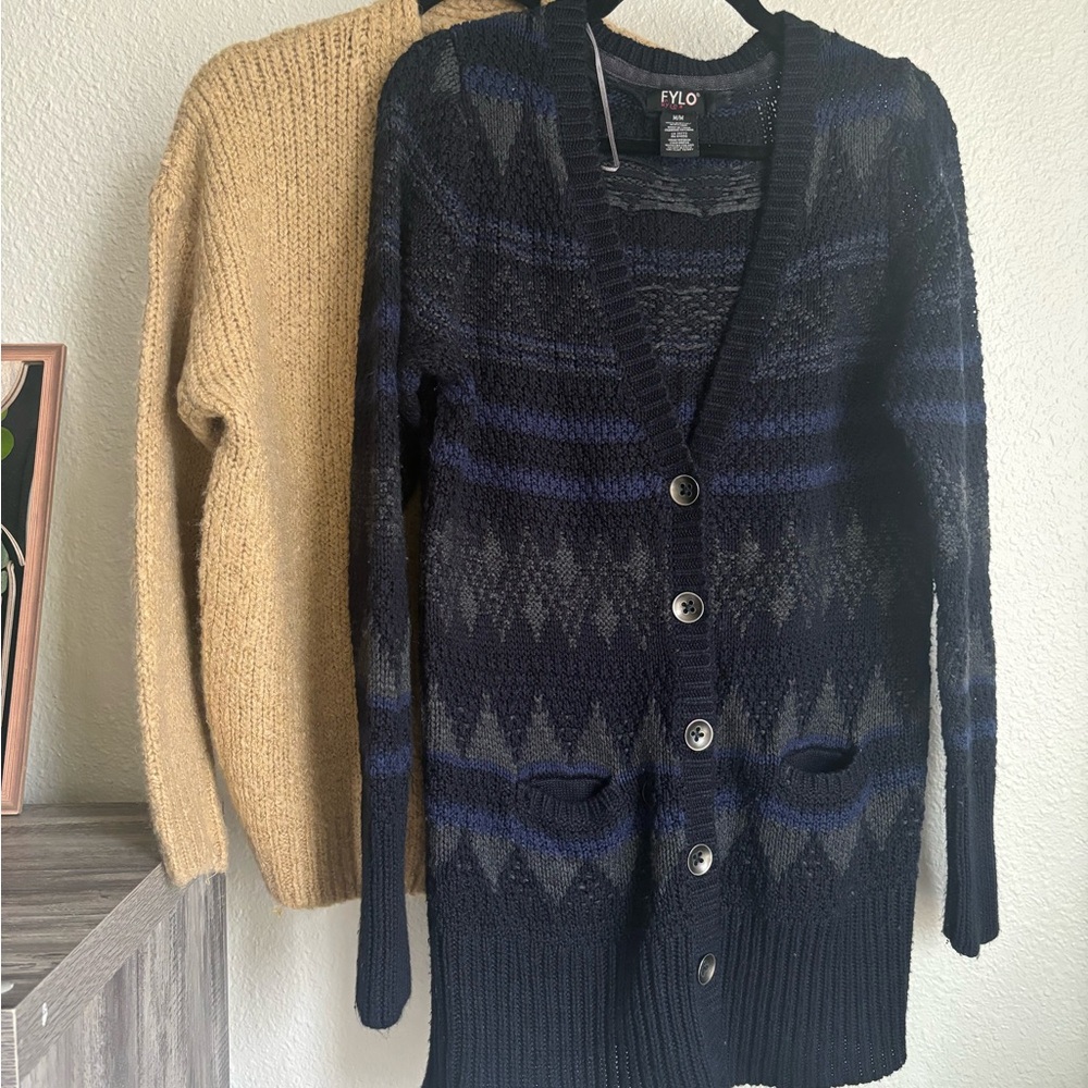 FYLO Black Blue Patterned Cardigan and Nasty Gal Cream Cardigan Duo